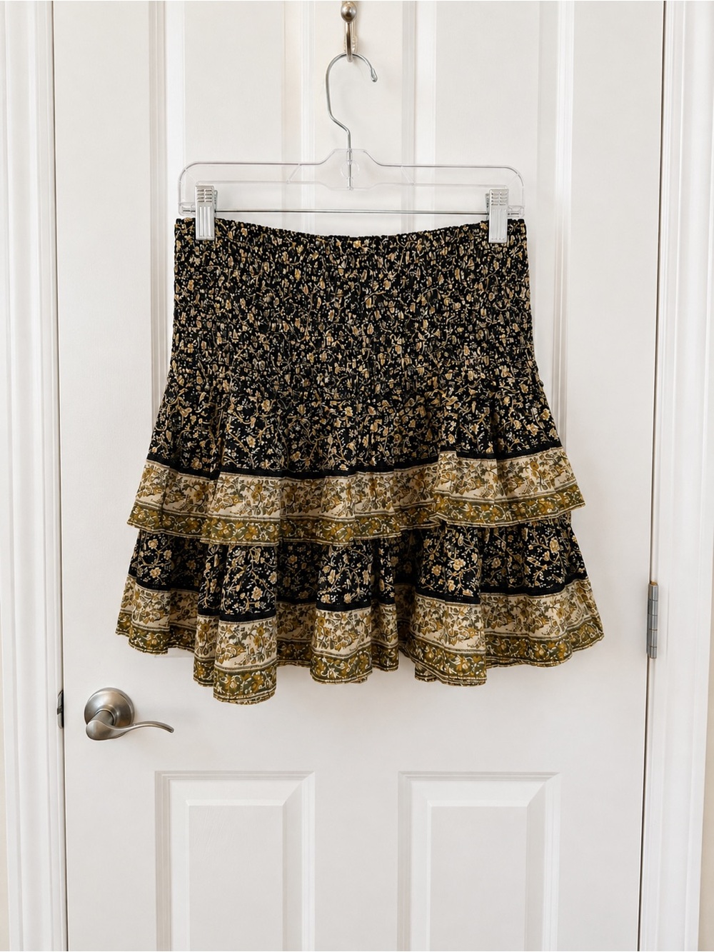 American Eagle Outfitters Black Floral Tiered Skirt with Black & Cream Trim